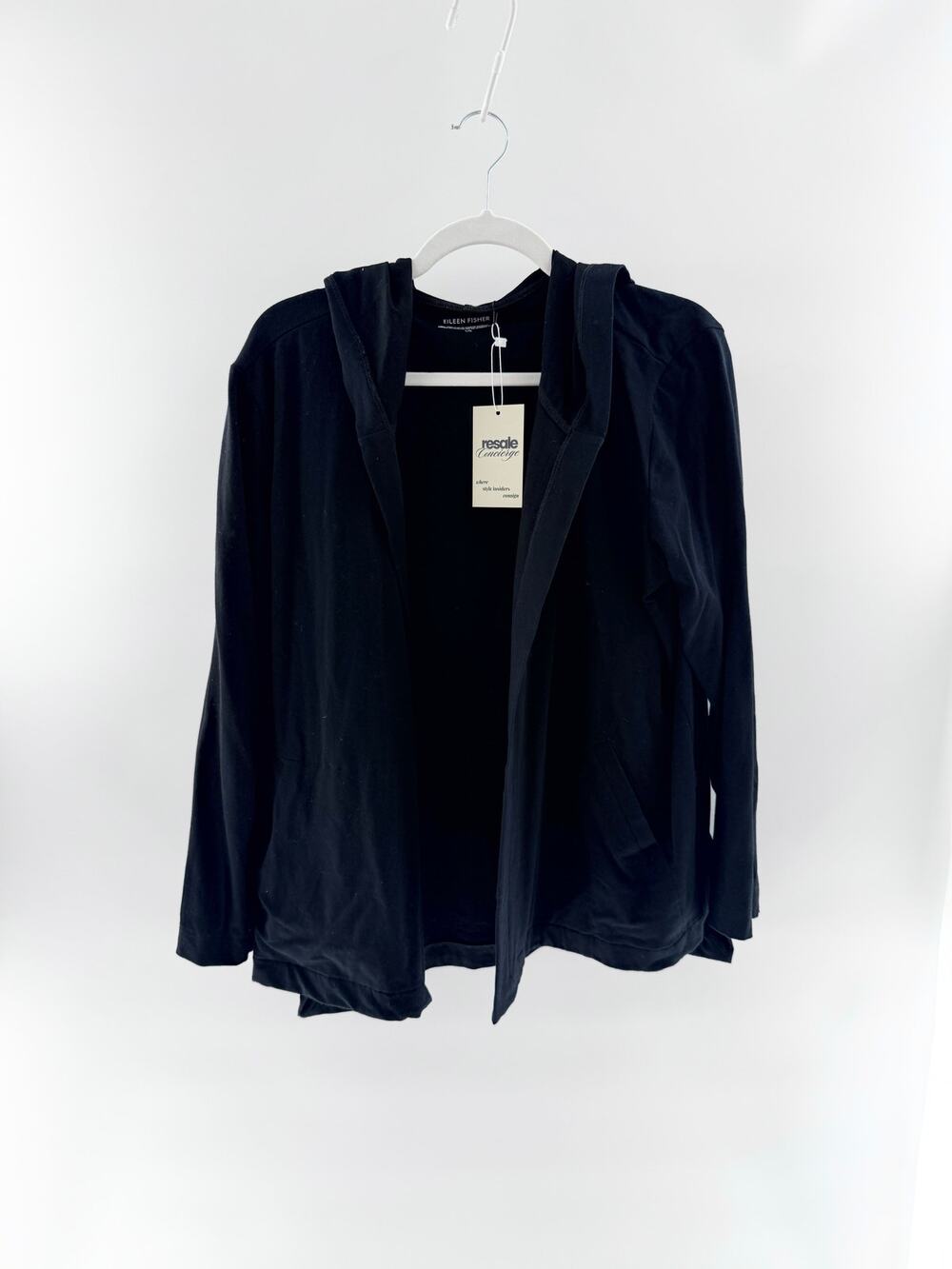 Eileen Fisher Organic Cotton Blend Long Sleeve Hooded Cardigan Sweater Black L